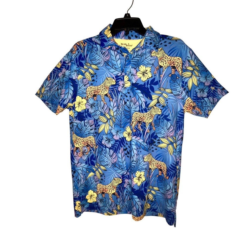 Birdie Bound Men's Performance Golf Polo – Jungle Leopard Azure‎ Blue Small